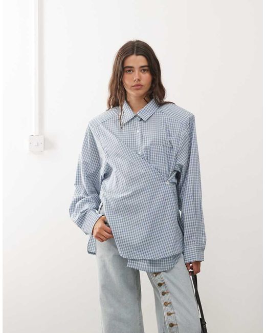 Lioness Blue Notting Hill Cotton Oversized Shoulder Pad Detail Multiway Button Front Shirt