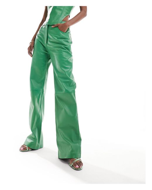 Muubaa Green High Waist Straight Leg Leather Trousers