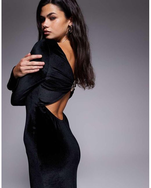 ASOS Black Velvet Twist Back Maxi Dress With Embellished Trim