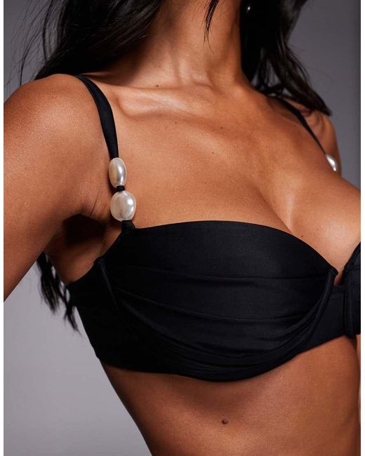 ASOS Black Fuller Bust Sadie Pleat Bust Underwired Balcony Bikini Top With Pearl Detail