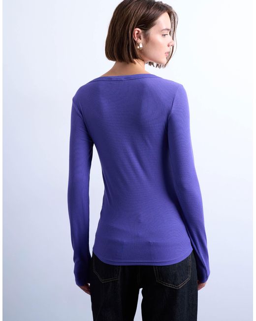 TOPSHOP Purple Premium Rib Long Sleeve Wide Scoop Neck Top