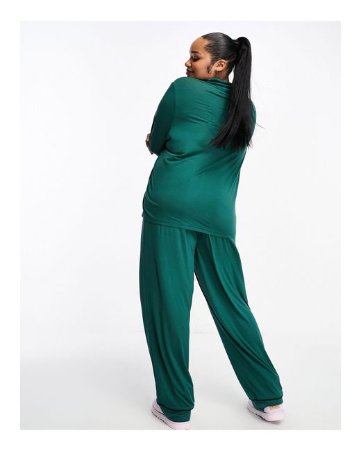 ASOS Asos Design Curve Viscose Long Sleeve Shirt & Trouser Pyjama Set With  Contrast Piping in Green
