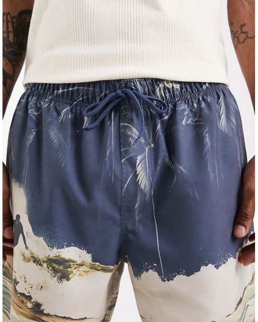 ASOS Blue Mid Length Swim Shorts With Beach Photo Print for men