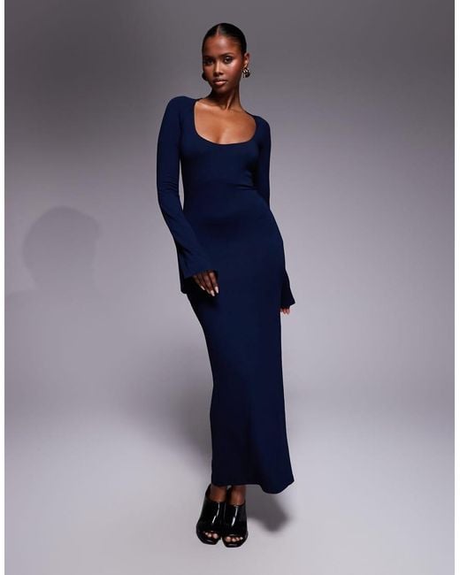 ASOS Blue Long Flute Sleeves Super Scoop Midi Dress