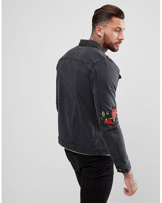 Liquor N Poker Denim Jacket With Rose 