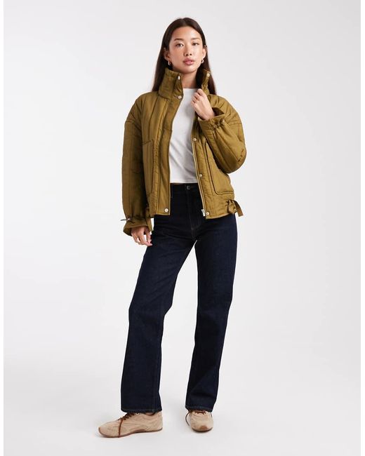 ONLY Green Tie Detail Quilted Funnel Neck Coat