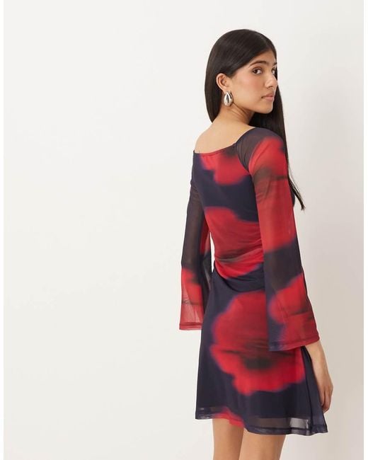 JJXX Red Mesh Long Sleeve Dress With Floral Print