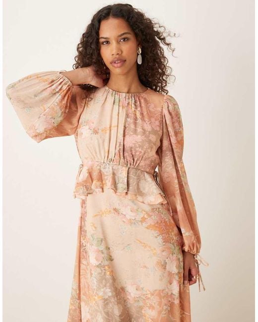 ASOS Pink Long Sleeve Waisted Ruffle Detail Maxi Dress