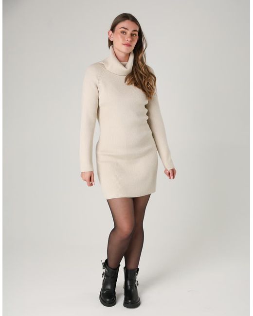 French Connection Natural Cosy Ribbed Cowl Neck Long Sleeve Mini Dress