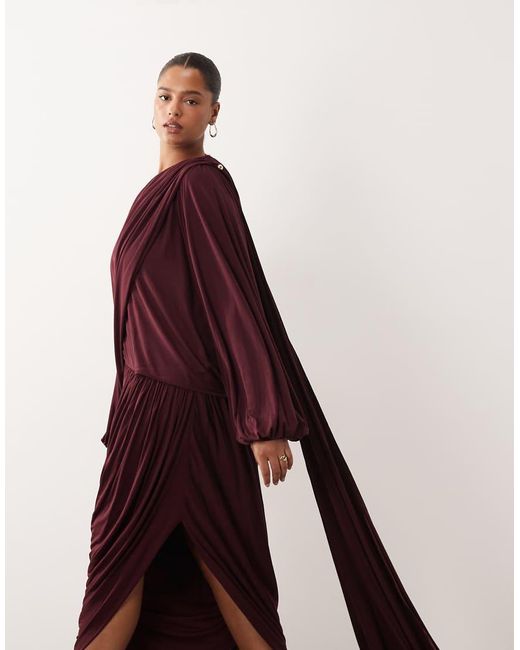 ARRANGE Red Curve Fallen Shoulder Draped Midi Dress With Train