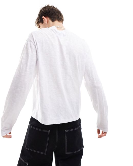 T-shirt serafino a maniche lunghe fiammato di Reclaimed (vintage) in White da Uomo