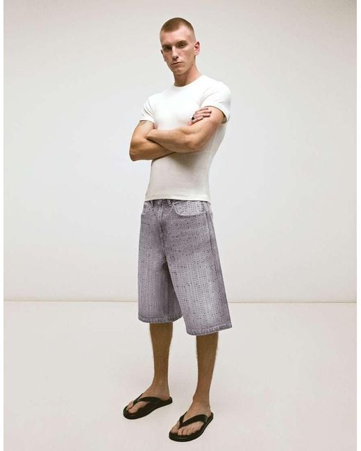 Bershka Gray baggy Bermuda Shorts With Studs for men