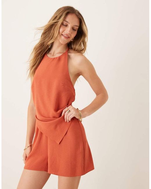 ASOS Orange Halter Asym Overlay Detail Playsuit