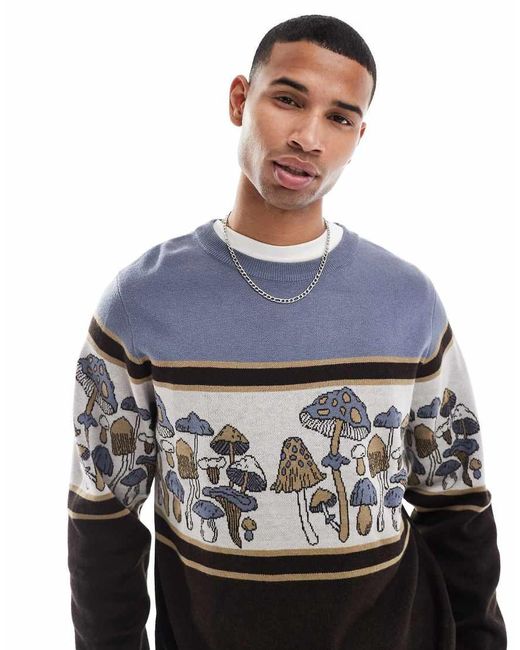 Jersey Con Patrón De Setas De Jacquard Retro Y Cuello Subido De Kavu de hombre de color Blue
