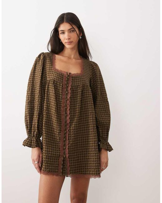 ASOS Brown Babydoll Lace Trim Mini Dress