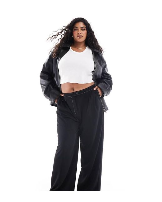 ASOS Black Asos Design Curve Tailored Wide Leg Trousers With Contrast Stitch Detail