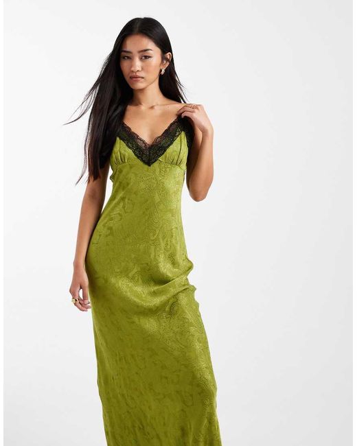 Miss Selfridge Green Jacquard And Lace Midi Dress