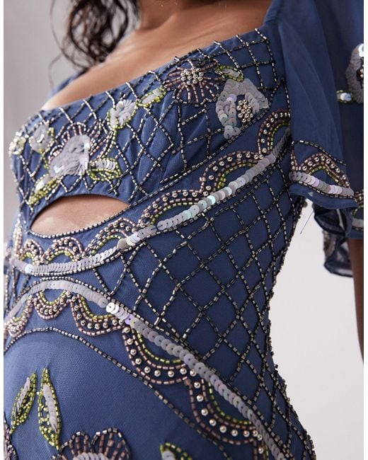 ASOS Blue Embellished Floral Flutter Sleeve Midi Dress With Open Back