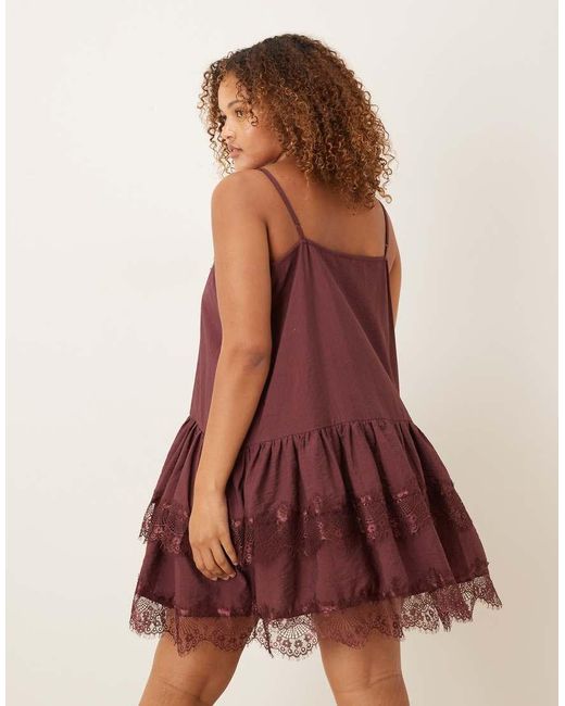 ASOS Purple Asos Design Curve Cami Tiered Ruffle Lace Detail Satin Mini Dress