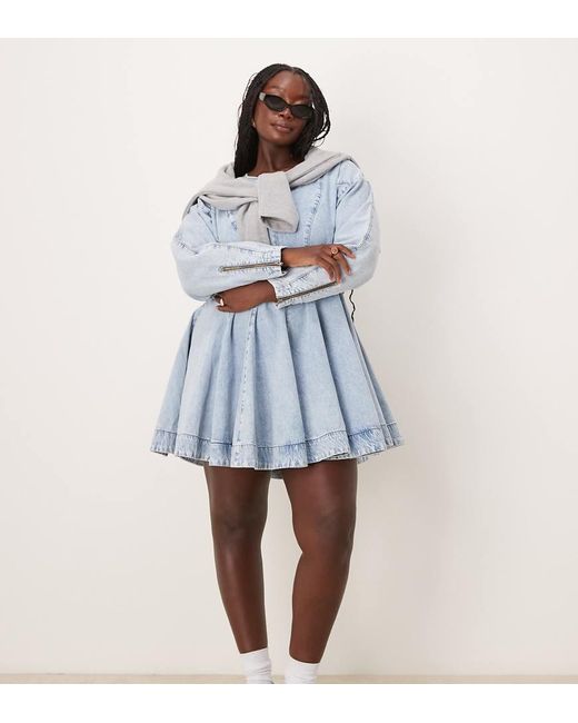 ASOS Curve Denim Long Sleeve Mini Dress With Seam Details in Blue Lyst UK
