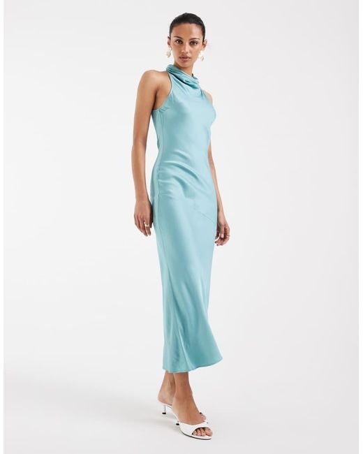 & Other Stories Blue High Neck Sleeveless Satin Maxi Dress