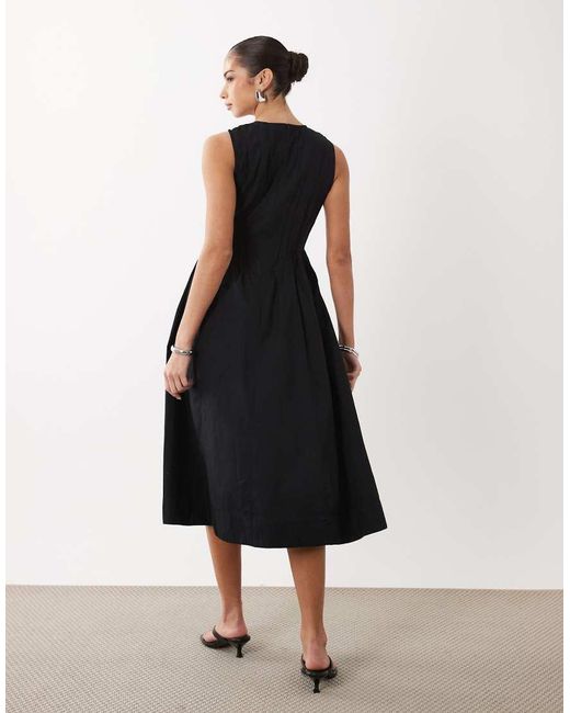 Vila Black Pleated Waist Detail Midi Dress