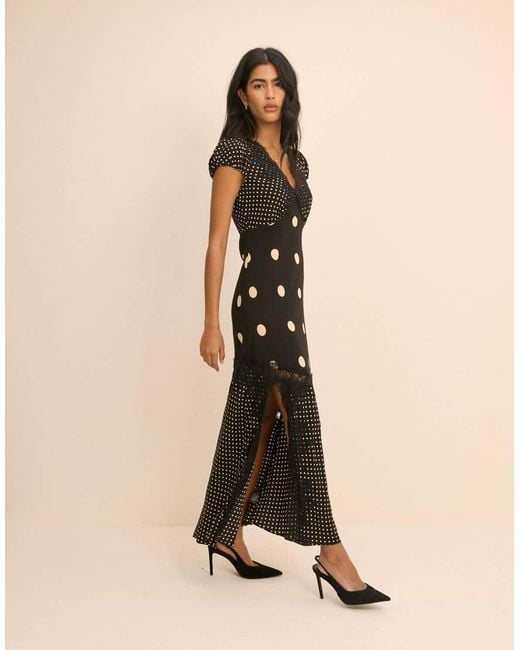 Nobody's Child Natural Polka Dot Lace Trim Satin Gloria Maxi Dress