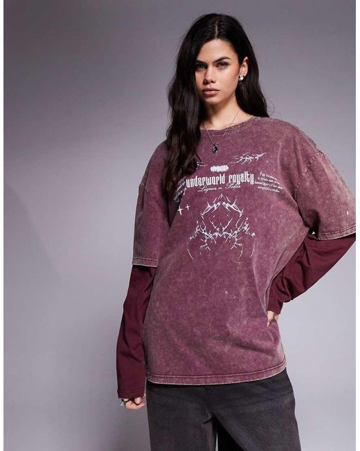 Liquor N Poker Purple Oversized Long Sleeve T-Shirt With Broken Hearts Graphic