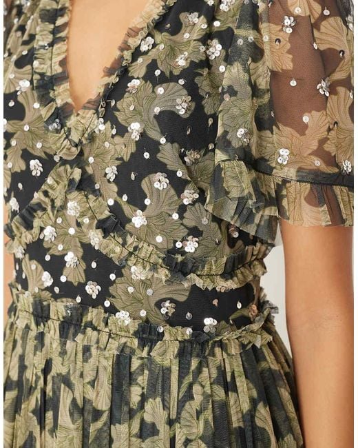 ANAYA Black Sequin V Neck Floral Maxi Dress