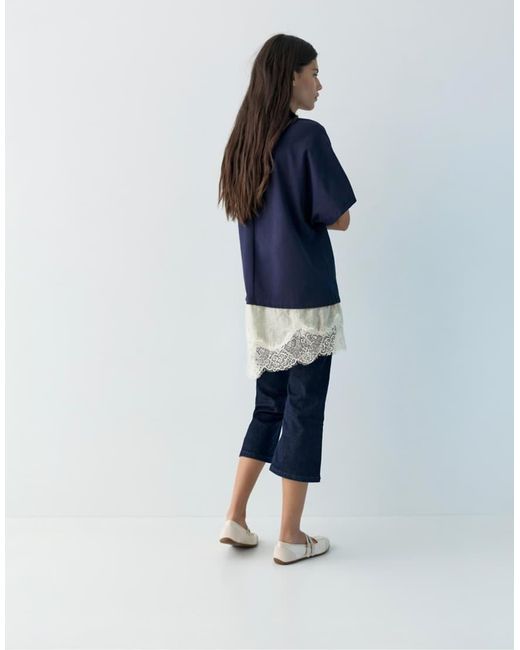 Pull&Bear Blue Contrast T-shirt With Lace Hem