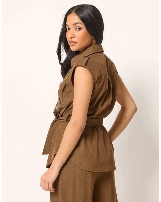 PixieGirl Brown Petite Belted Utility Shirt