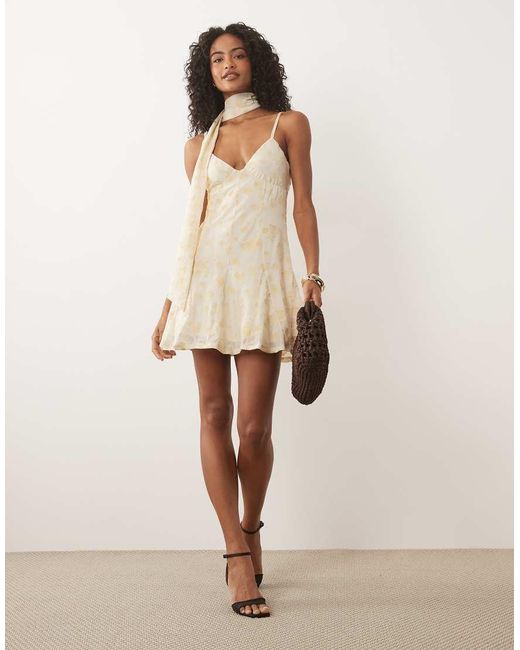 ASOS Natural Flocked Mesh Scarf Detail Godet Mini Dress