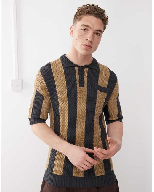 The Ragged Priest Gray Oversized Stripe Knit Polo for men
