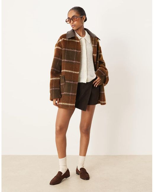 ASOS Oversized Geruit Jacket Met Kraagje Met Leerlook in het Brown