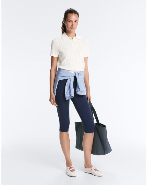 Oysho Blue Pointelle Knit Polo Shirt
