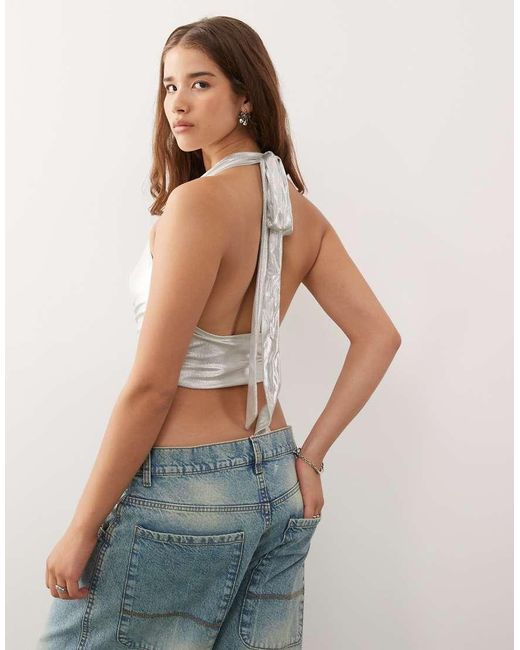 Weekday Gray Cowl Drape Halter Neck Top