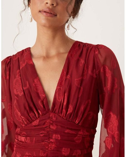 Maya Red Floral Jacquard Blouson Sleeve Maxi Dress