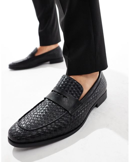 London Rebel Black Wide Fit Faux Leather Woven Loafers for men