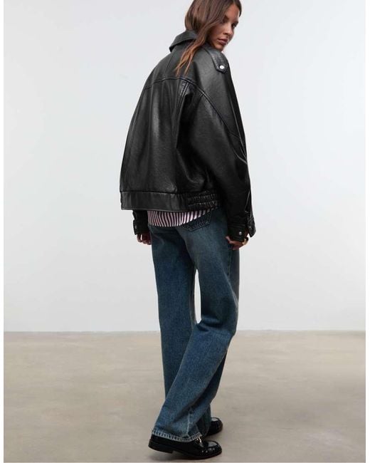 Stradivarius Black 100% Leather Oversize Jacket