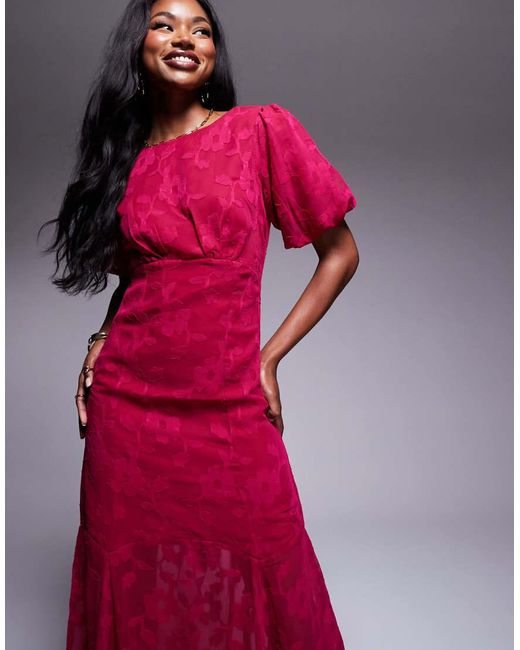 ANAYA Pink Jaquard Puff Sleeve Cut Out Back Maxi Dress