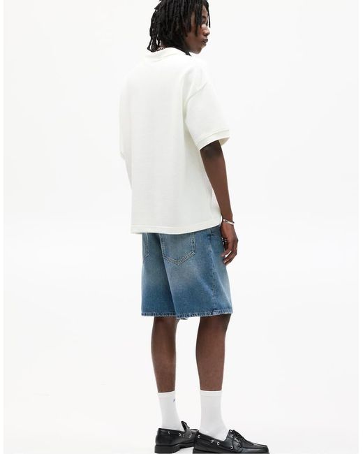 Pull&Bear Blue Knit Polo Shirt With Embroidered Slogan for men