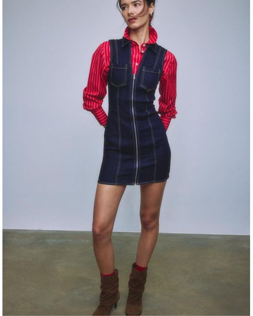 Stradivarius Red Short Sleeveless Denim Dress With Zip