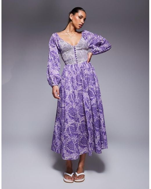 River Island Purple Longsleeve V Neck Printed Maxi Dress
