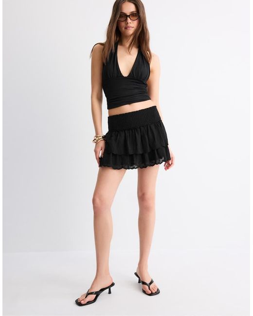 Stradivarius Black Embroidered Crinkled Skort