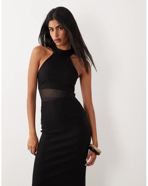 Vesper Black Bengaline High Neck Mesh Insert Maxi Dress