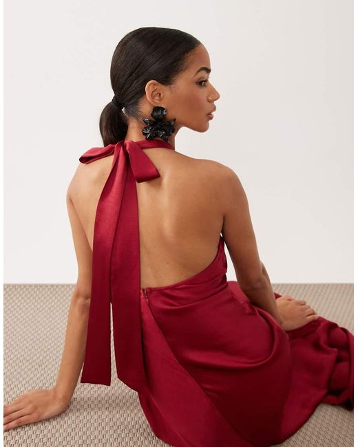 TFNC London Red Satin Racer Halter Bow Detail Maxi Dress