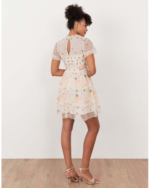 Maya Natural Embroidered Short Sleeve High Neck Mini Dress