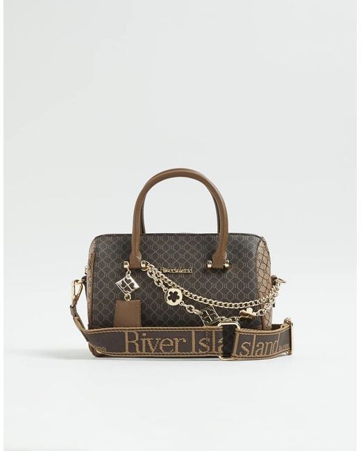 River Island Brown Monogram Chain Detail Bowler Bag