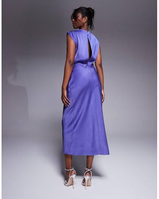 ASOS Purple Satin High Neck Pleated Bodice Midi Dress