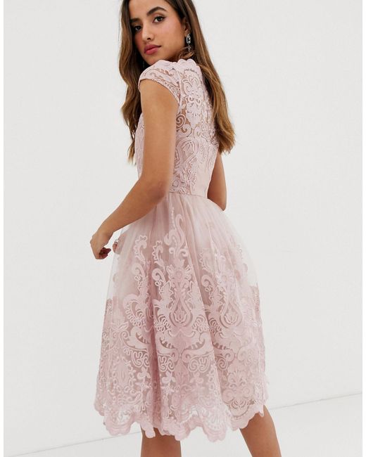 chi chi london premium lace midi prom dress with bardot neck in mink